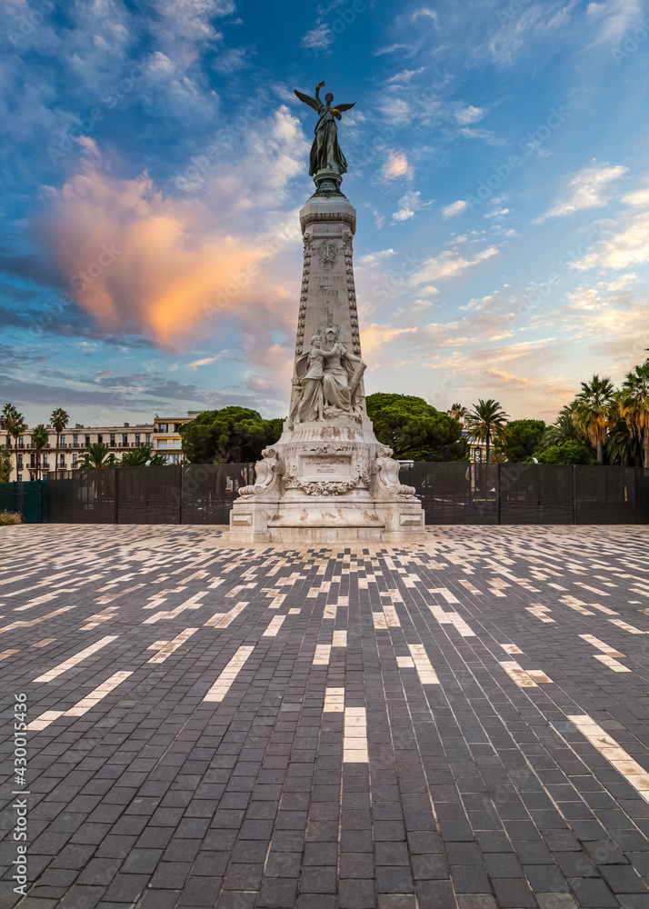 Statue of goddess Nika in Nice, France (Monument du Centenaire) built in 1893. Symbol of the city. Nice, French Riviera, France.