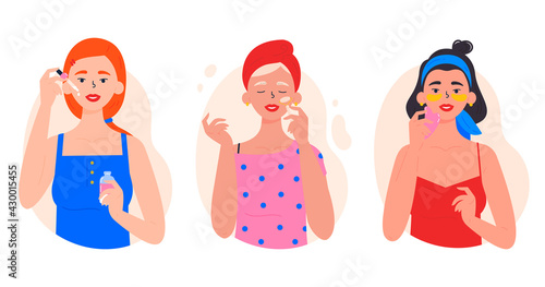 Beauty routine. Beautiful young ladies. Various spa procedures. Cleansing, moisturizing, treating. Face and body skin care. Girls with accessories for beauty. Hand drawn trendy colored illustration. 