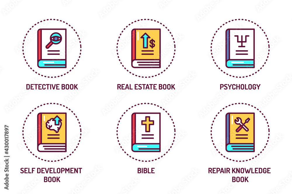 Genres of books color line icons set. Vector illustration