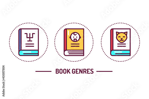 Genres of books color line icons concept. Vector illustration