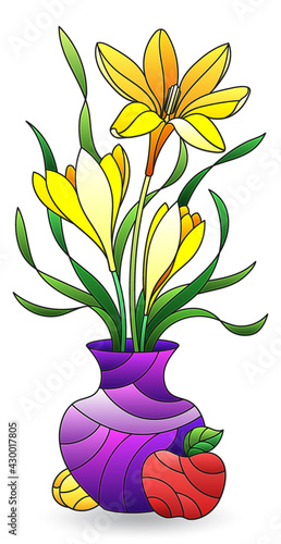 Illustration in the style of a stained glass window with a floral still life, a vase of flowers and fruit isolated on a white background
