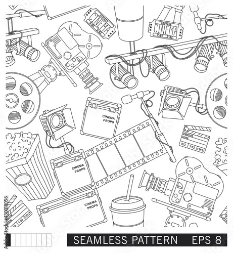 Seamless texture. Line art pattern of elements from the film industry and cinema. Vector illustration