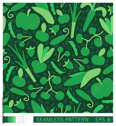 Seamless texture. Pattern of vegetables, fruits and seeds. Gardening, Farming, Agriculture. Vector illustrations