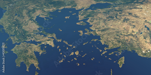 Aegean Sea in Mediterranean sea, aerial view from outer space of earth planet