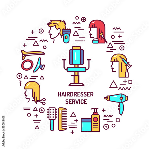Hairdresser service web banner. Infographics with linear icons on white background. Creative idea concept. Isolated outline color illustration.