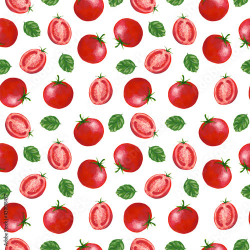 Gouache tomato seamless pattern on white background. Red vegetables print for textile, fabric, wrapping paper, wallpaper, design and decoration.