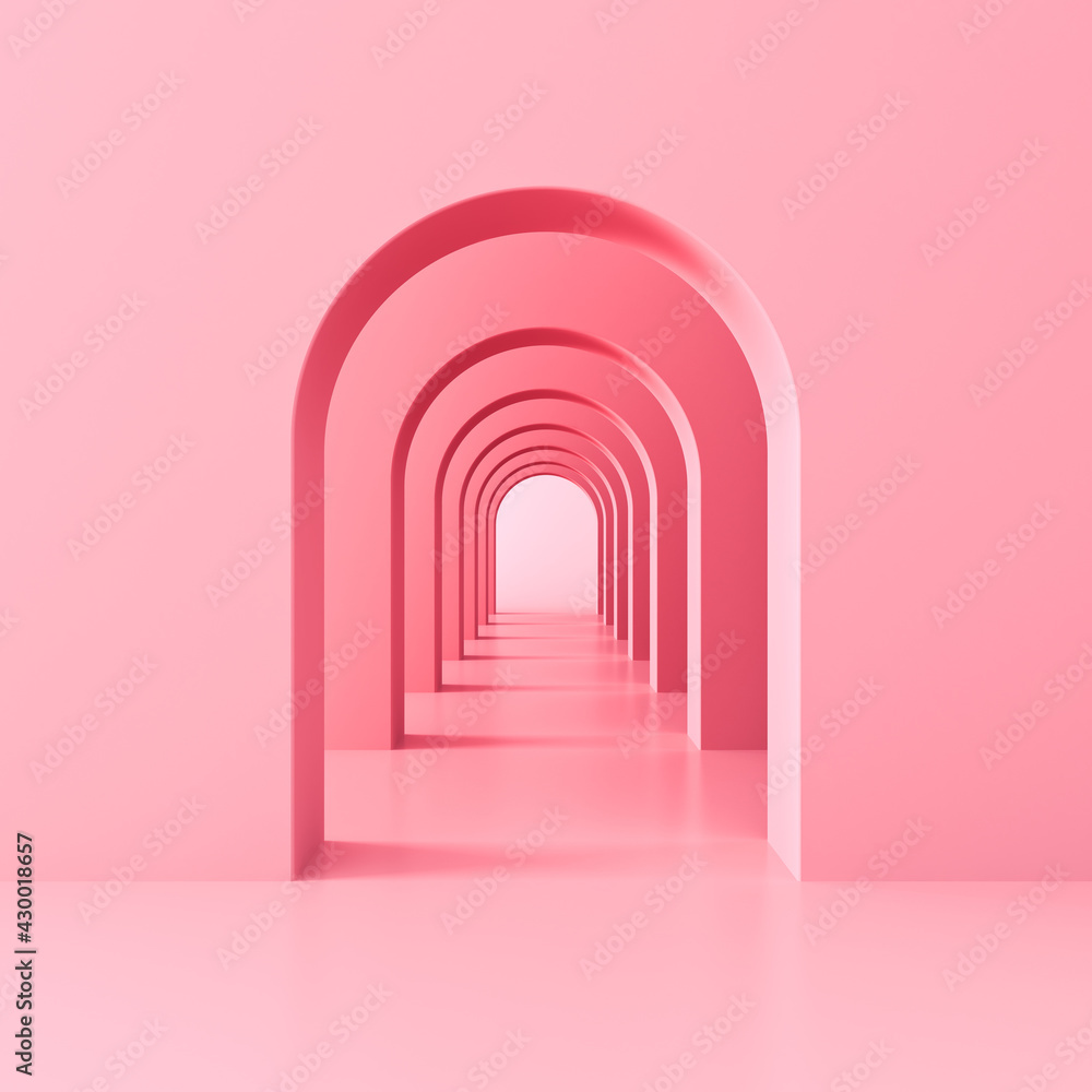 Pink arch hallway corridor abstract background minimal conceptual 3D rendering - obrazy, fototapety, plakaty 