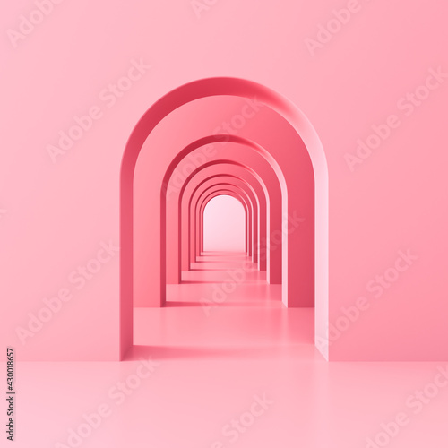 Fototapeta Naklejka Na Ścianę i Meble -  Pink arch hallway corridor abstract background minimal conceptual 3D rendering