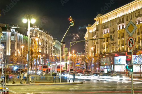 Manezhnaya Square, Tverskaya street in Moscow at night. Russian Federation.