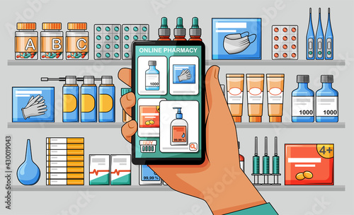 Hand with your smartphone with the online pharmacy app. Shelves with medical medicines. Vector illustration.