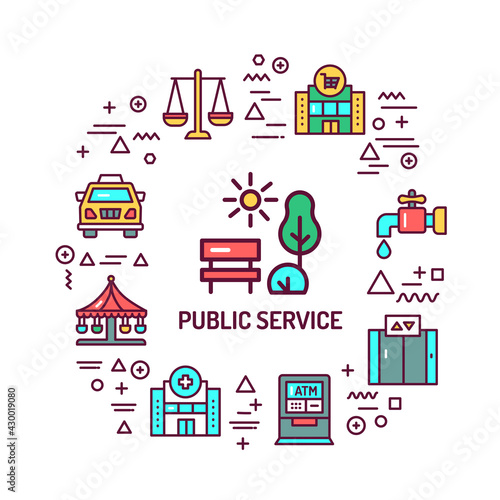 Public services web banner. Infographics with linear icons on white background. Creative idea concept. Isolated outline color illustration