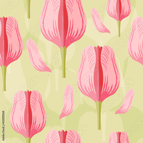 Seamless pattern with a varietal pastel pink tulip
