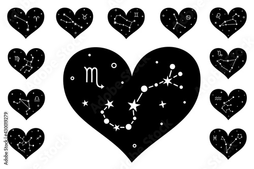 Constellation, stars and zodiac signs inside the shapes of hearts. Astrological zodiac symbols. Set of monochrome silhouettes. Horoscope designs.