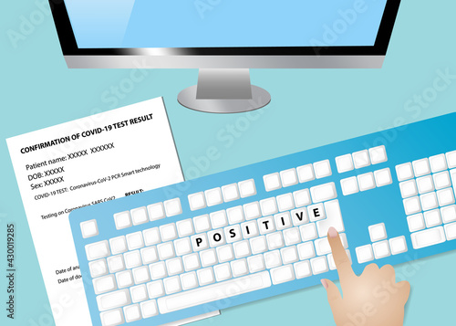 Top view of the office desk and hand writing positive result of PCR test.