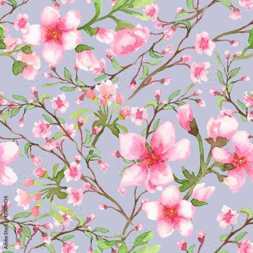Cherry blossom pattern. The images are drawn in watercolour. Gray-blue background.