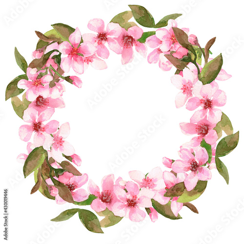 Round frame made of cherry blossoms. A wreath. The image is hand-drawn and isolated on a white background.