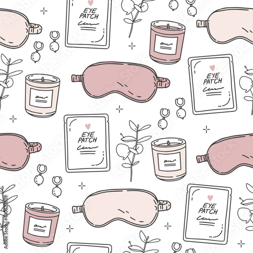 Vector seamless pattern in a hand-drawn style, fashion sketch. Outline drawn elements, color spots. Sleep mask, scented candle, earrings, eye patch, plant sprig. Relaxation, healthy sleep, skincare.
