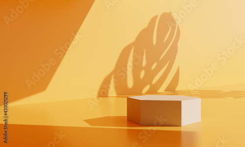 Podium, Cosmetic display stand with shadow nature leaves on orange background. 3D rendering