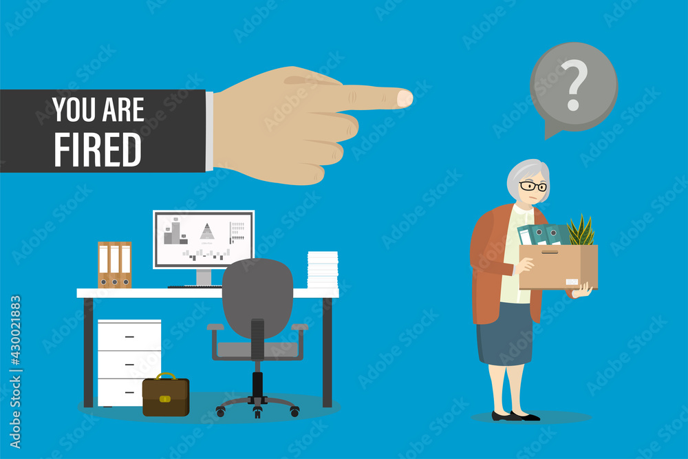 Boss hand fires an elderly female worker. Problem of staff reduction. Dismissal of older employees. Aged business woman standing near modern workplace. Boss hand fires an elderly female worker. Problem of staff reduction. Dismissal of older employees. Aged business woman standing near modern workplace.