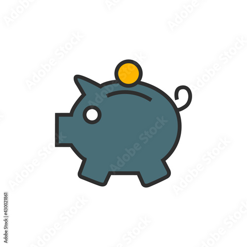 Saving Vector Illustration. Outline Filled Business Growth and Investment Icons. EPS 10 File. Budget or money savings concept with piggy bank and falling coins. Flat filled outline style icon.