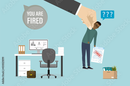 Dismissal, concept banner. Big boss hand delete employee away from workplace. Staff reduction. Economic crisis, bankruptcy. Unemployment problem,