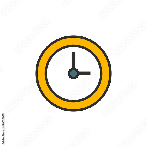 Icon of watch with cute wall clock for time management or work efficiency concept. Flat filled outline style.
