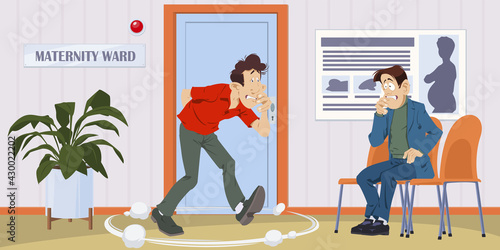 Men at door of medical facility. Maternity ward. Healthcare and Medicine. Illustration for internet and mobile website.