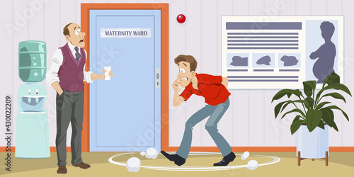 Men at door of medical facility. Maternity ward. Healthcare and Medicine. Illustration for internet and mobile website.