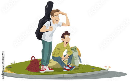 Young Hitchhikers with backpack. Illustration for internet and mobile website.
