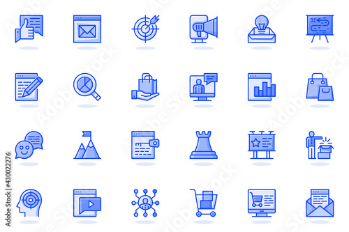 Digital marketing web flat line icon. Bundle outline pictogram of target, newsletter, attracting new customers, data analytics, business concept. Vector illustration of icons pack for website design