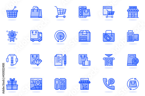 Online shopping web flat line icon. Bundle outline pictogram of packages, mobile app, shop, gift, sale, money, coupon, payment, discount concept. Vector illustration of icons pack for website design