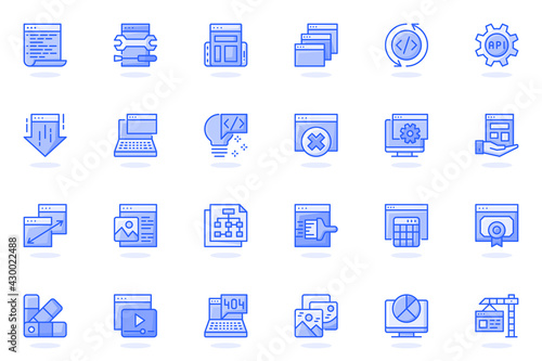 Web development flat line icon. Bundle outline pictogram of coding , interface elements, settings, site building, content, page navigation concept. Vector illustration of icons pack for website design