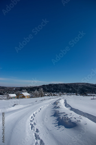 Winter snow forest trail view. Snowy winter forest road