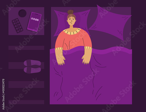 Concept insomnia. At night, in bed, tired person can not sleep, next to the phone, tablets with water. Vector illustration flat linear style. Insomnia and health, hyper-exaggeration person.