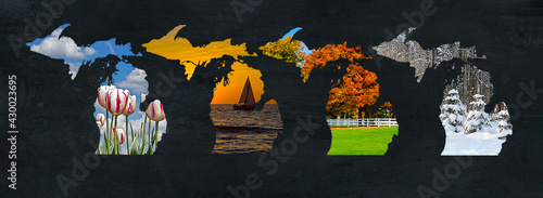 State of Michigan graphic on black with four season scenes