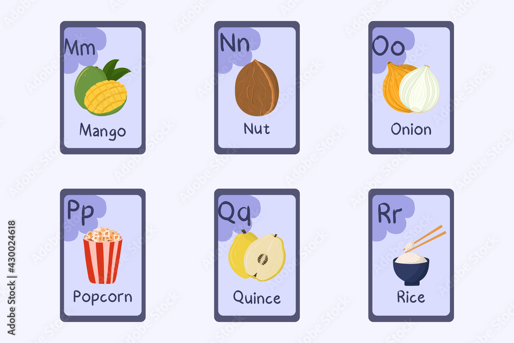 Colorful alphabet flashcard Letter M, N, O, P, Q, R - mango, nut, onion, popcorn, quince, rice. Food themed cards for teaching reading with foods, vegetables fruits and nuts