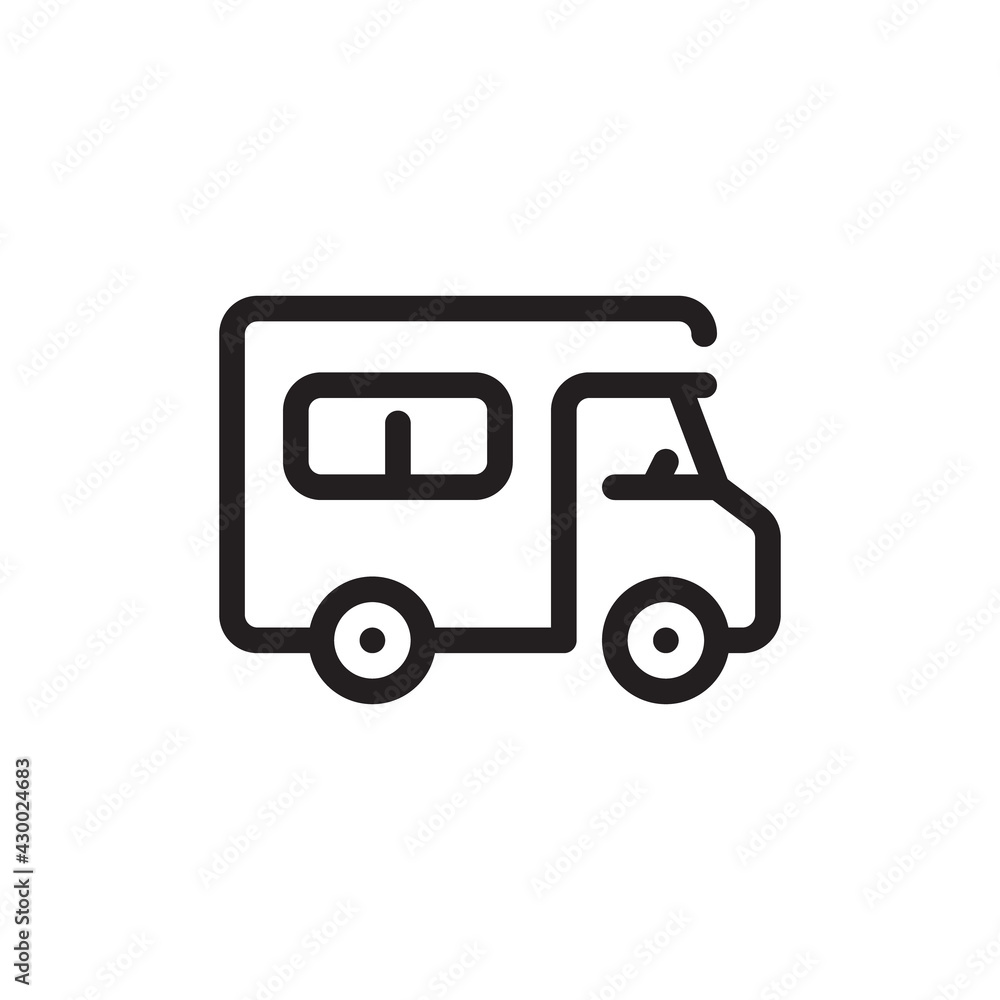 Street food truck icon template. Vector line trade van illustration. Mobile cafe car logo background. Festival shop transport to cook and sell meals. icon for web design isolated on white background