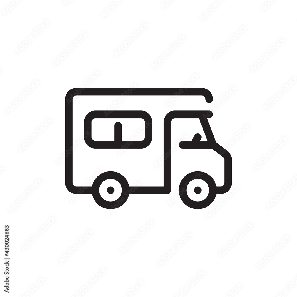 Street food truck icon template. Vector line trade van illustration. Mobile cafe car logo background. Festival shop transport to cook and sell meals. icon for web design isolated on white background Street food truck icon template. Vector line trade van illustration. Mobile cafe car logo background. Festival shop transport to cook and sell meals. icon for web design isolated on white background