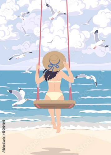Young Woman in Straw Hat Swinging on Swing