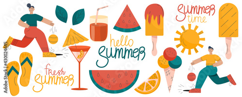 Set of summer, ice cream, cocktails, outdoor activities, ball game, are isolated on white background. Vector illustration flat linear style. Hyperexaggerated people and cute objects in the summer set