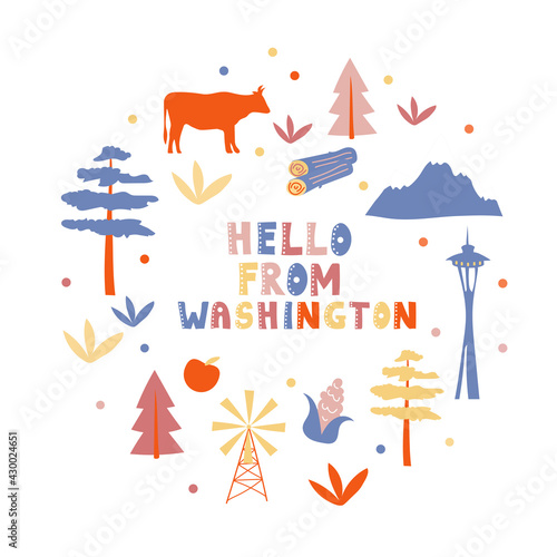 USA collection. Hello from Washington theme. State Symbols