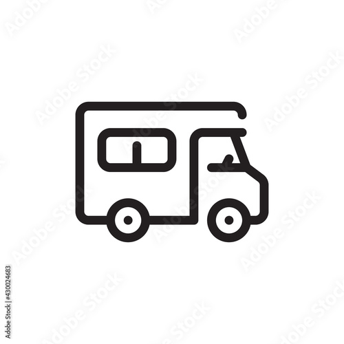 Street food truck icon template. Vector line trade van illustration. Mobile cafe car logo background. Festival shop transport to cook and sell meals. icon for web design isolated on white background