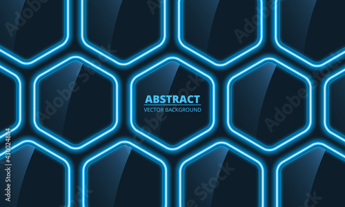Dark blue glass hexagonal abstract background with blue neon lights. Abstract modern futuristic technology vector background. Honeycomb textured grid illustration.