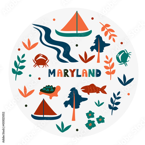 USA collection. Vector illustration of Maryland theme. State Symbols