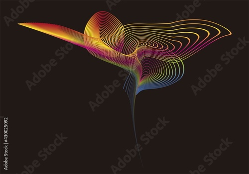 Flor de colores brillantes eléctricos en rojo, amarillo, naranja, fucsia y azul sobre fondo negro. Energía en forma de flor