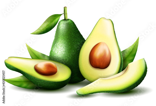 Realistic green avocado for healthy eating. 3D rendering. Whole, slice and halved avocado with bone. Composition of ripe avocado with leaves. Vector illustration isolated on white background.