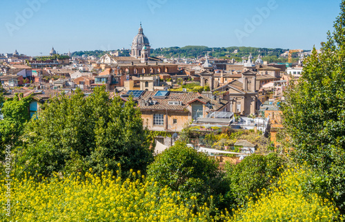 Panoramic sight from the Pincio Terrace with the dome of the Basilica of Ambrogio e Carlo al Corso, Rome, Italy.
