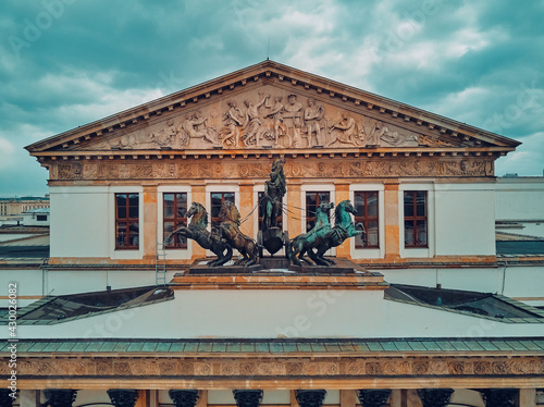 Beautiful panoramic aerial drone skyline view of the Warsaw Grand Theatre (national opera house) on the Theater square (POL: Plac Teatralny), Poland, EU photo