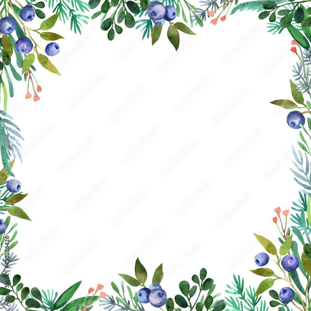 Watercolor woodland square frame with wild flowers, strawberries, blueberries and leaves. Hand drawn nature summer illustration, card, poster, greeting, invitation, label Watercolor woodland square frame with wild flowers, strawberries, blueberries and leaves. Hand drawn nature summer illustration, card, poster, greeting, invitation, label