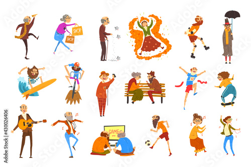 Happy Elderly People Performing Different Activities Set, Senior Men and Women Having Fun, Doing Sports, Shopping, Playing Computer Games and Musical Instruments Vector Illustration